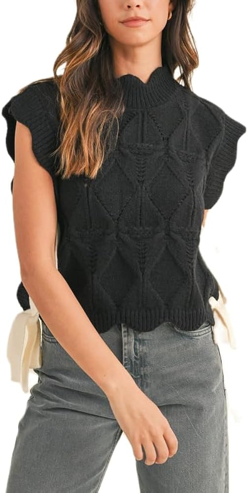 NUFIWI Womens Y2K Ribbon Bow Sweater Vest Chunky Cap Sleeve Knit